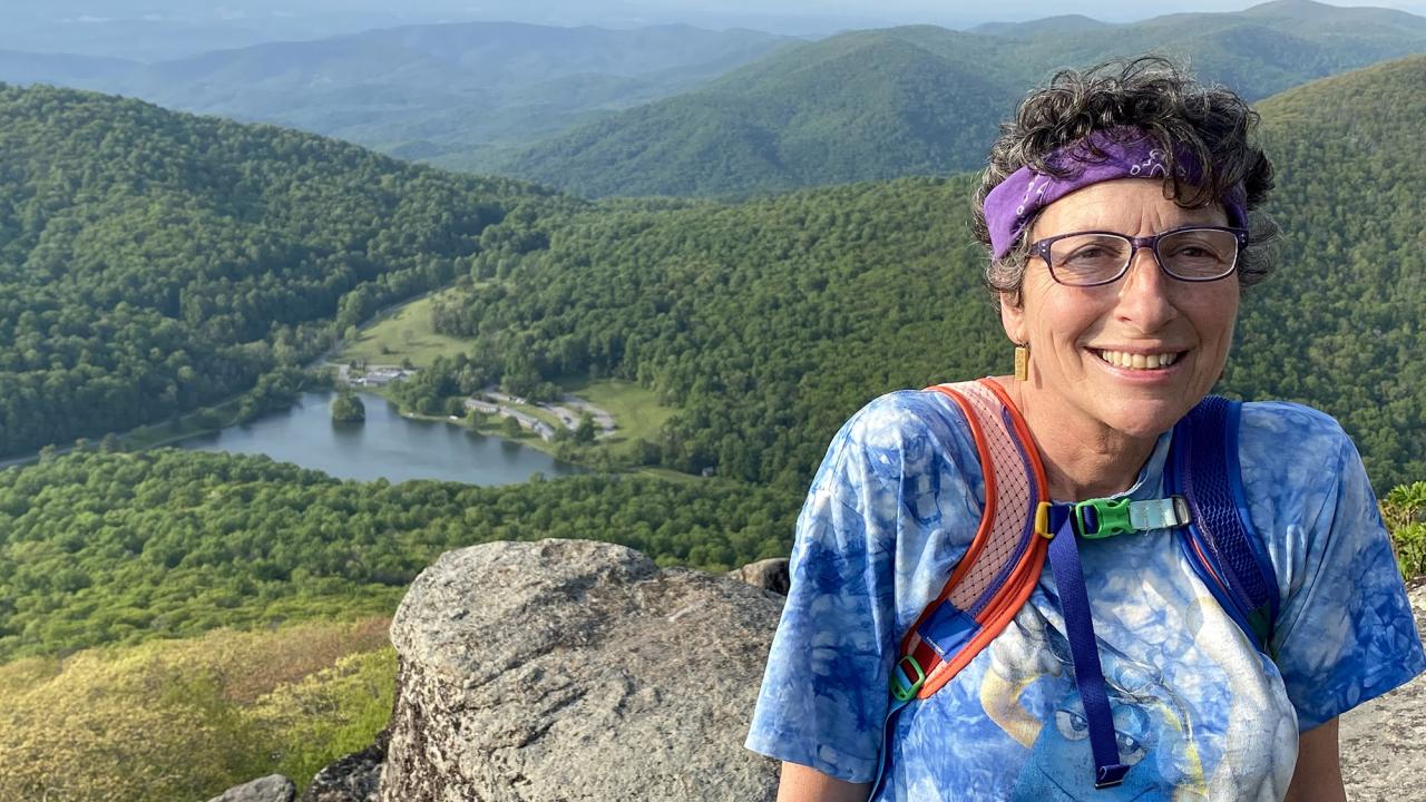 woman wearing a tie dye t-shirt